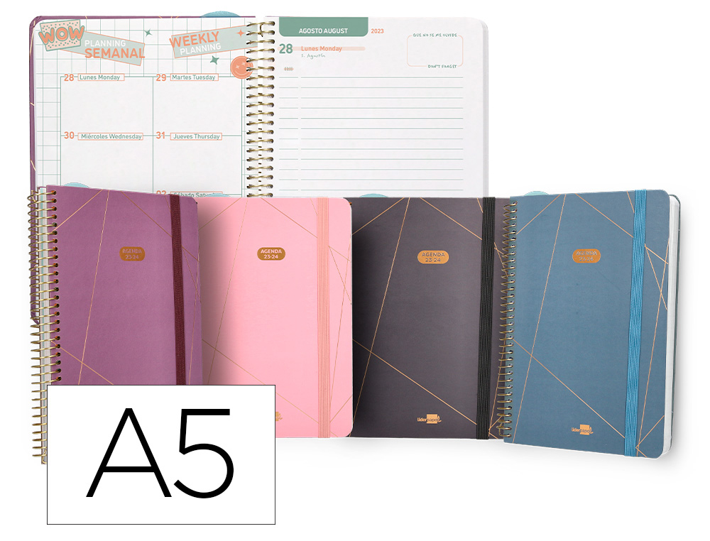 AGENDA ESCOLAR LIDERPAPEL CURSO 23-24 COLLEGE CLASSIC LINES DIN A5 BILINGUE DIA PAGINA CARTON FORRADO ESPIRAL
