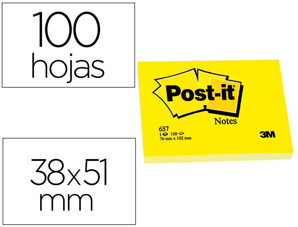 BLOC DE NOTAS ADHESIVAS QUITA Y PON POST-IT 38X51 MM CON 100HOJAS 653E