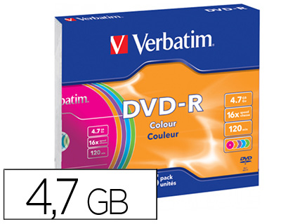 DVD-R VERBATIM AZO CAPACIDAD 4.7GB VELOCIDAD 16X 120 MIN PACK DE 5 UNIDADES COLORES SURTIDOS CAJA SLIM