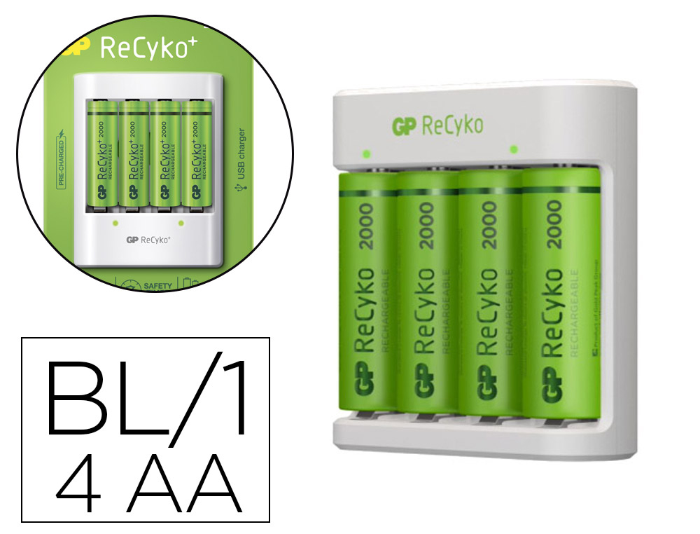 CARGADOR DE PILAR RECARGABLES GP AA/AAA INCLUYE 4 PILAS AA 2100 MAH
