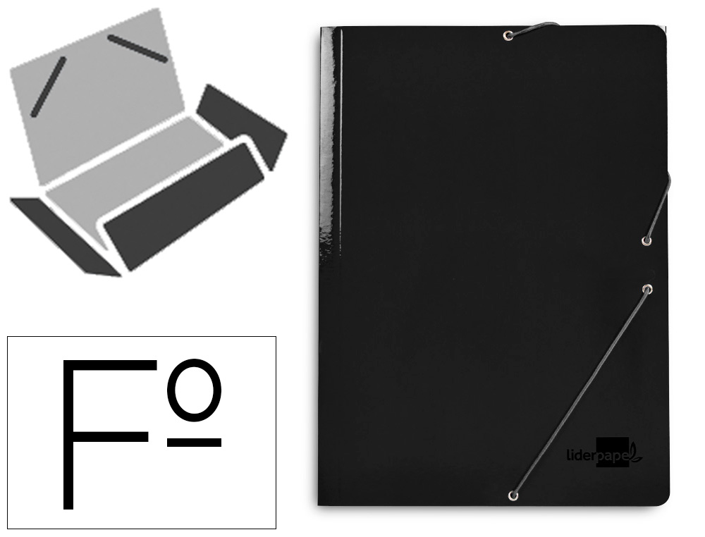 CARPETA LIDERPAPEL GOMAS TRES SOLAPAS CARTON PLASTIFICADO FOLIO COLOR NEGRO