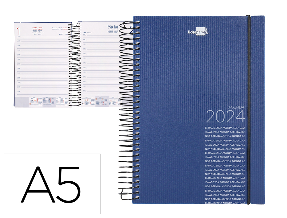 AGENDA ESPIRAL LIDERPAPEL OLBIA 15X21 CM 2024 DIA PAGINA TAPA POLIPROPILENO METALIZADO AZUL PAPEL 60 GR