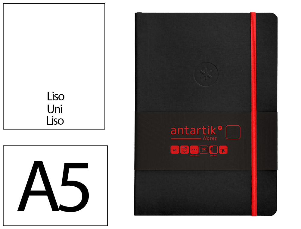 CUADERNO CON GOMILLA ANTARTIK NOTES TAPA BLANDA A5 HOJAS LISAS NEGRO Y ROJO 80 HOJAS 80 GR FSC
