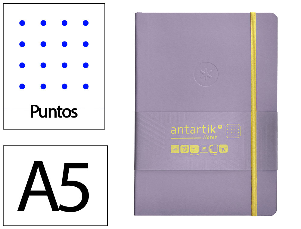 CUADERNO CON GOMILLA ANTARTIK NOTES TAPA BLANDA A5 HOJAS PUNTOS MORADO Y AMARILLO 80 HOJAS 80 GR FSC