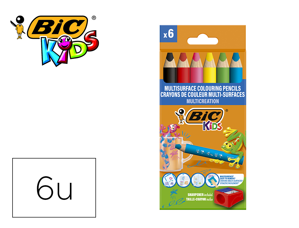 LAPICES DE COLORES BIC MULTISUPERFICIES TRIANGULARES MINA BORRABLE CAJA DE 6 UNIDADES COLORES SURTIDOS +