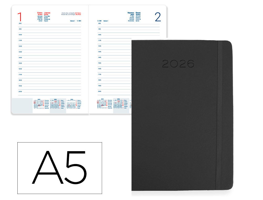 AGENDA ENCUADERNADA LIDERPAPEL MYKONOS 150X210 MM 2026 DIA PAGINA NEGRO PAPEL 70 GR FSC
