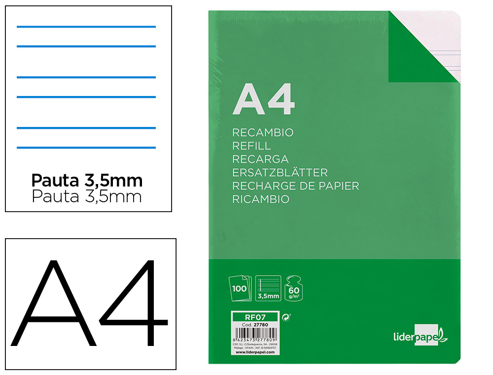 RECAMBIO LIDERPAPEL A4 100 HOJAS 60G/M2PAUTA 4 3.5MM CON MARGEN 4 TALADROS
