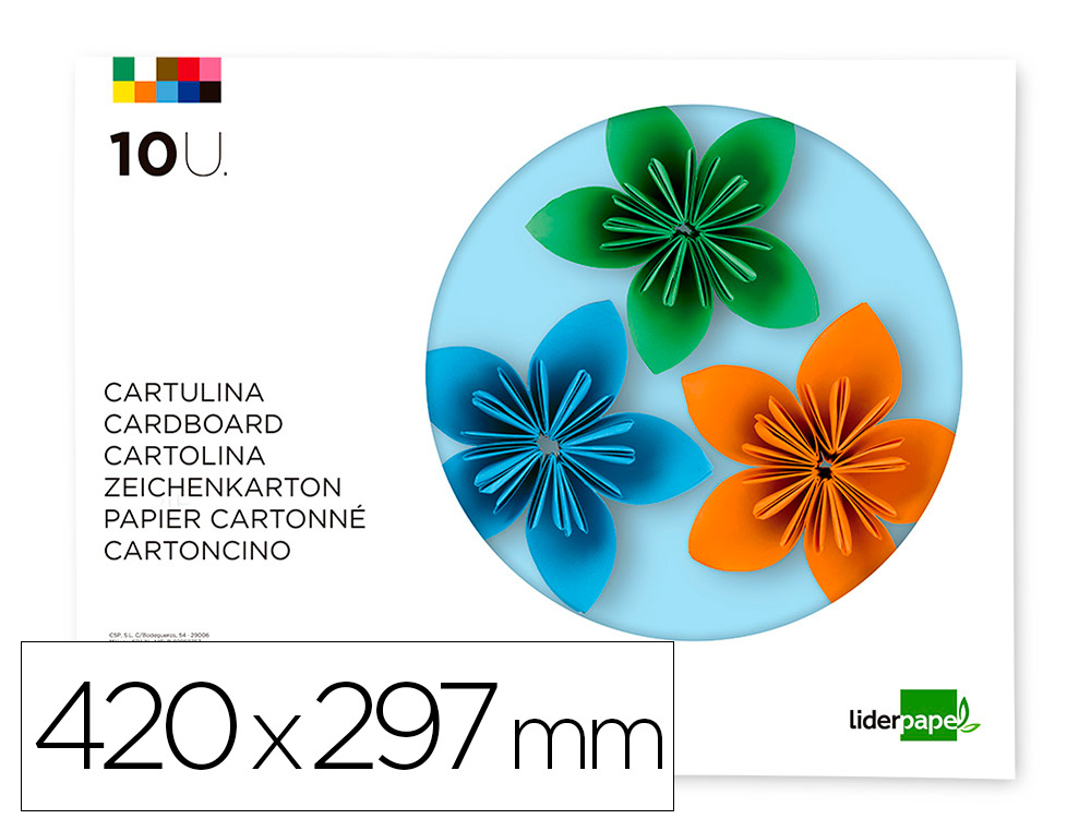 BLOC TRABAJOS MANUALES LIDERPAPEL CARTULINA 297X420 MM 10 HOJAS COLORES SURTIDOS